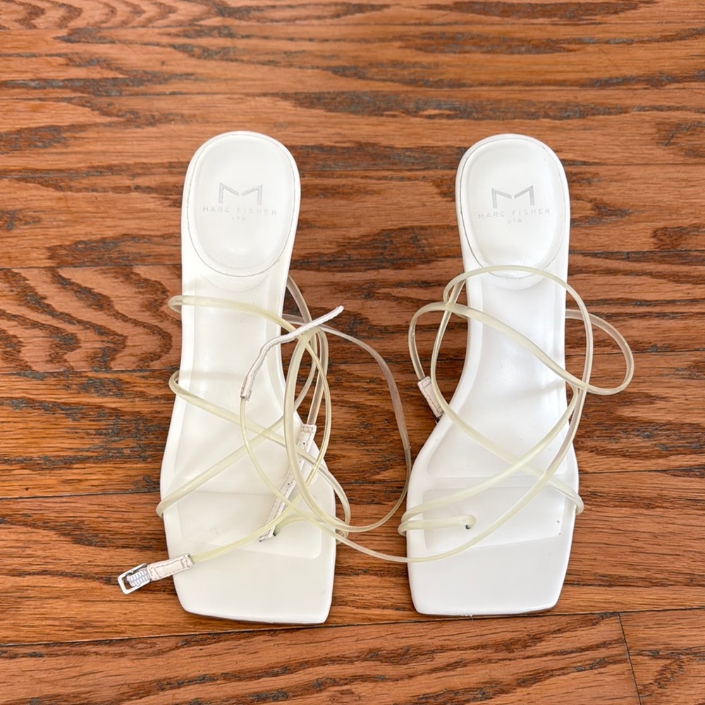 Marc Fisher White Heeled Sandals with Strappy Design